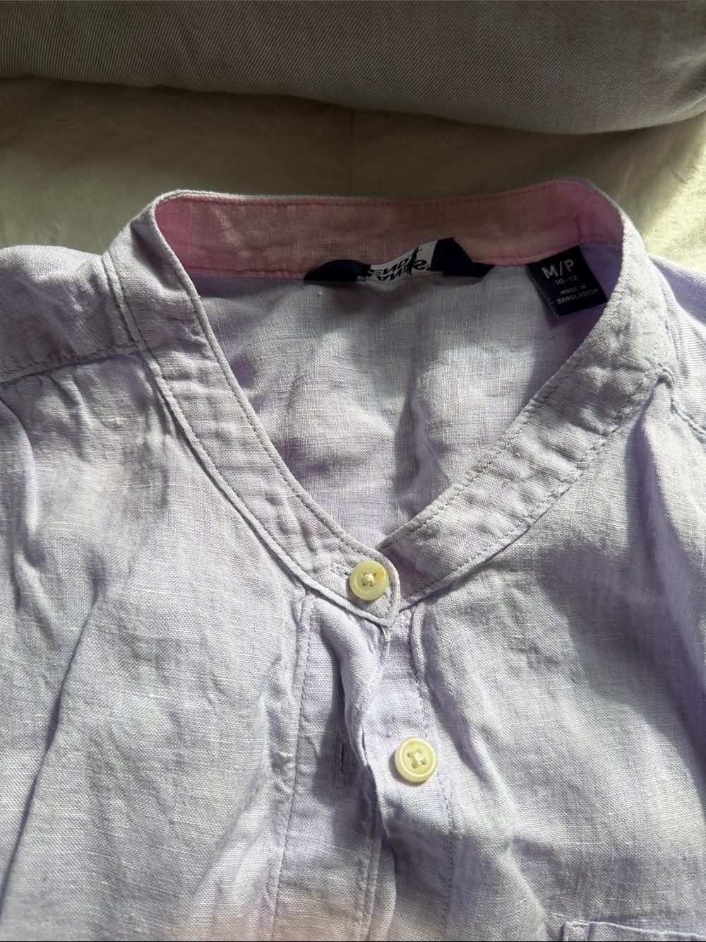 Lands' End Light Lavender Band-Collar Linen Blend Shirt medium